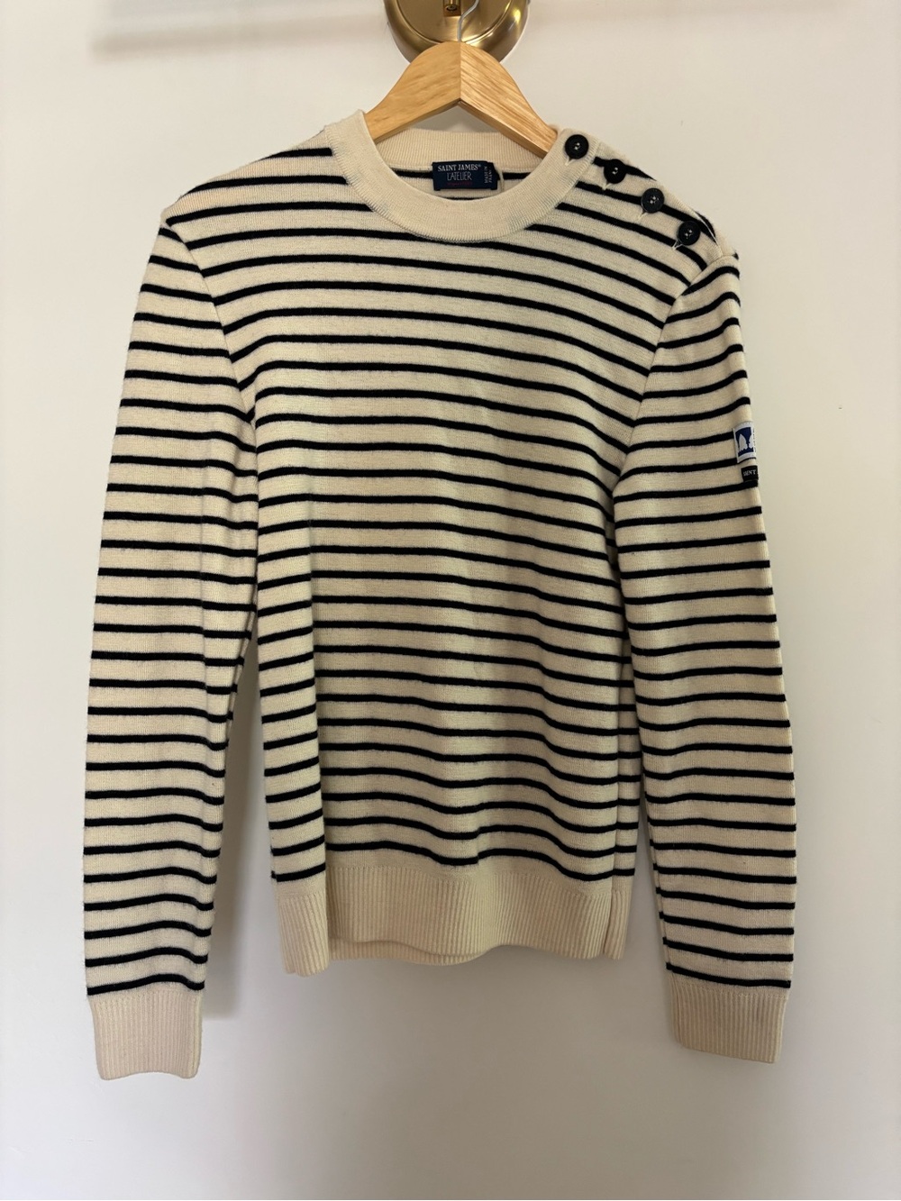 Saint James L’Atelier Cream & Black Striped Breton Sweater 100% Virgin Wool